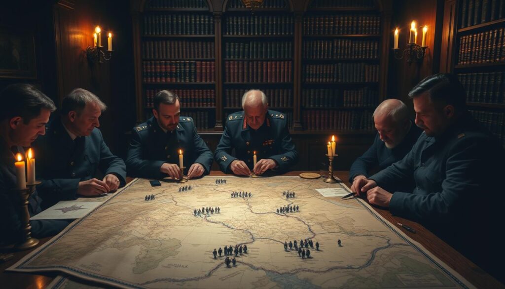 A dimly lit war room, with a large tactical map sprawled across an antique oak table. Generals and military strategists pore over intricate diagrams, contemplating pivotal moments from legendary battles. Candlelight flickers, casting long shadows as they meticulously analyze historic match tactics, searching for insights to apply in the modern era. The air is thick with concentration, the weight of history palpable. In the background, a bookshelf overflows with leather-bound volumes chronicling the great campaigns of the past, a visual representation of the wealth of knowledge at their fingertips. This scene captures the essence of the "Historical Tournament Tactics" section, a thoughtful exploration of how the lessons of history can inform winning strategies on the competitive gaming battlefield. A dimly lit war room, with a large tactical map sprawled across an antique oak table. Generals and military strategists pore over intricate diagrams, contemplating pivotal moments from legendary battles. Candlelight flickers, casting long shadows as they meticulously analyze historic match tactics, searching for insights to apply in the modern era. The air is thick with concentration, the weight of history palpable. In the background, a bookshelf overflows with leather-bound volumes chronicling the great campaigns of the past, a visual representation of the wealth of knowledge at their fingertips. This scene captures the essence of the "Historical Tournament Tactics" section, a thoughtful exploration of how the lessons of history can inform winning strategies on the competitive gaming battlefield.