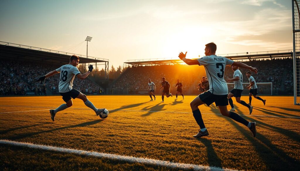 A soccer field at dusk, with soft golden lighting illuminating the players. In the foreground, a striker deftly controls the ball, their body in motion as they prepare to shoot. The goalkeeper lunges desperately, their arms outstretched, while the defense scrambles to block the shot. In the middle ground, teammates set up for the rebound, their faces etched with determination. In the background, the crowd roars, their silhouettes creating a sense of energy and anticipation. The scene captures the drama and excitement of a crucial scoring opportunity, the outcome still hanging in the balance.
