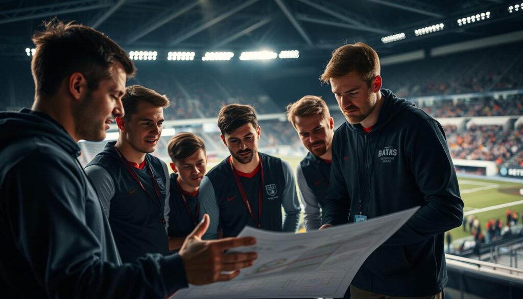 A tournament strategy team, huddled together in a dimly lit stadium, poring over tactical diagrams and game plans. In the foreground, the coach gestures emphatically, their face illuminated by the soft glow of a tactical display. Behind them, the players nod intently, their expressions focused and determined. In the background, the stadium looms, its shadowy grandstands hinting at the high-stakes pressure of the upcoming match. The scene is imbued with a sense of intensity and camaraderie, capturing the essence of a team working in unison to maximize their strengths and overcome the challenges of the tournament. A tournament strategy team, huddled together in a dimly lit stadium, poring over tactical diagrams and game plans. In the foreground, the coach gestures emphatically, their face illuminated by the soft glow of a tactical display. Behind them, the players nod intently, their expressions focused and determined. In the background, the stadium looms, its shadowy grandstands hinting at the high-stakes pressure of the upcoming match. The scene is imbued with a sense of intensity and camaraderie, capturing the essence of a team working in unison to maximize their strengths and overcome the challenges of the tournament.