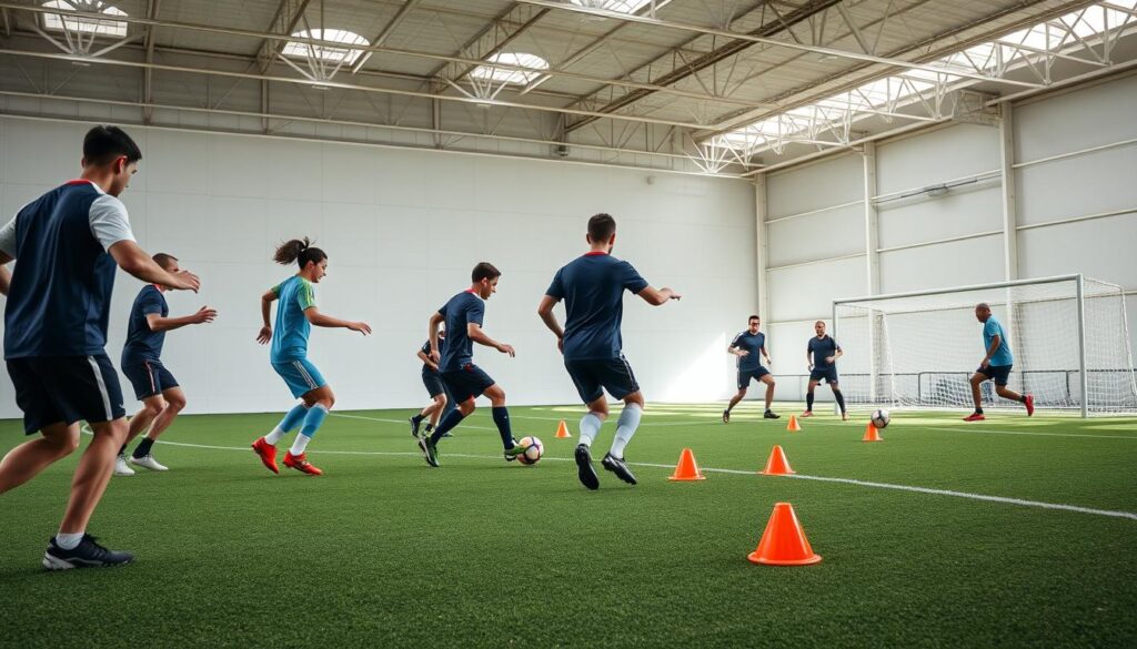 An indoor soccer training facility with high ceilings and bright natural lighting. In the foreground, a group of amateur soccer players perform passing drills, their bodies in motion as they smoothly exchange the ball. In the middle ground, players dribble the ball through a series of agility cones, their footwork quick and precise. In the background, other players practice shooting on a large goal, the ball arcing gracefully through the air. The overall atmosphere is one of focused determination, as the players work tirelessly to hone their offensive skills and strategies.