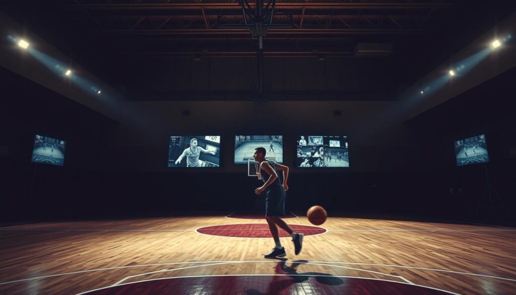 A basketball court illuminated by harsh, directional lighting, creating dramatic shadows and highlights. In the foreground, a player's figure is captured mid-motion, the ball a blur as it's analyzed by a sophisticated video system. In the middle ground, various camera angles and perspectives are displayed on screens, each offering unique insights into the gameplay. The background is a minimalist, industrial-style setting, emphasizing the analytical and technical nature of the scene. The overall mood is one of intense focus and precise, data-driven evaluation, reflecting the "Breaking Down Footage" theme. A basketball court illuminated by harsh, directional lighting, creating dramatic shadows and highlights. In the foreground, a player's figure is captured mid-motion, the ball a blur as it's analyzed by a sophisticated video system. In the middle ground, various camera angles and perspectives are displayed on screens, each offering unique insights into the gameplay. The background is a minimalist, industrial-style setting, emphasizing the analytical and technical nature of the scene. The overall mood is one of intense focus and precise, data-driven evaluation, reflecting the "Breaking Down Footage" theme.