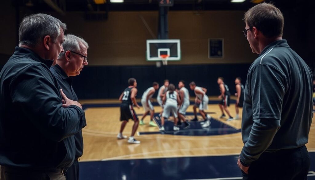 A basketball court in a dimly lit gym, with two coaches intently gesturing and discussing tactics on the sideline. The foreground shows the coaches leaning in, their brows furrowed as they analyze plays and strategize defensive formations. In the middle ground, players execute a high-intensity pressing defense, swarming and disrupting the opposing team's offense. The background is blurred, with the faint outlines of other players and the basketball rim visible. The lighting is dramatic, casting shadows and creating a sense of intensity and focus. The scene conveys the essence of teaching and implementing an effective pressing defensive system. A basketball court in a dimly lit gym, with two coaches intently gesturing and discussing tactics on the sideline. The foreground shows the coaches leaning in, their brows furrowed as they analyze plays and strategize defensive formations. In the middle ground, players execute a high-intensity pressing defense, swarming and disrupting the opposing team's offense. The background is blurred, with the faint outlines of other players and the basketball rim visible. The lighting is dramatic, casting shadows and creating a sense of intensity and focus. The scene conveys the essence of teaching and implementing an effective pressing defensive system.