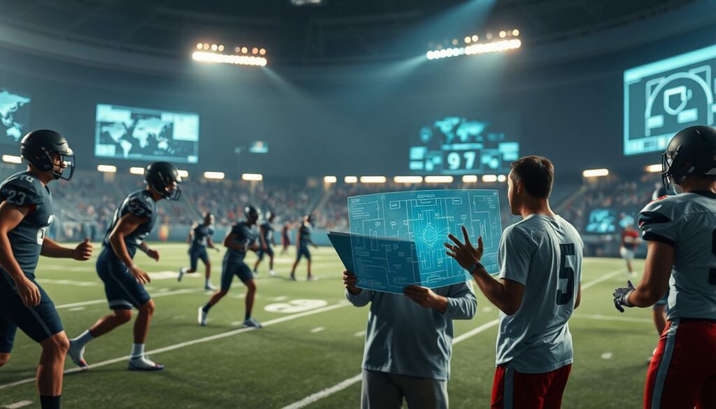 A detailed football field, with players in the foreground engaged in intense drills and exercises, showcasing their physical strengths and weaknesses. In the middle ground, a coach or analyst examines a holographic playbook, meticulously dissecting game strategies and player tendencies. The background features a dimly lit stadium, with scattered notes, charts, and analytics data projected onto the walls, creating an atmosphere of strategic planning and tactical analysis. The lighting is a mix of warm tones from the field and cool, blue hues from the digital displays, emphasizing the contrast between physical performance and intellectual evaluation. The camera angle is slightly elevated, providing a comprehensive view of the scene and highlighting the interconnected nature of player development and game planning.