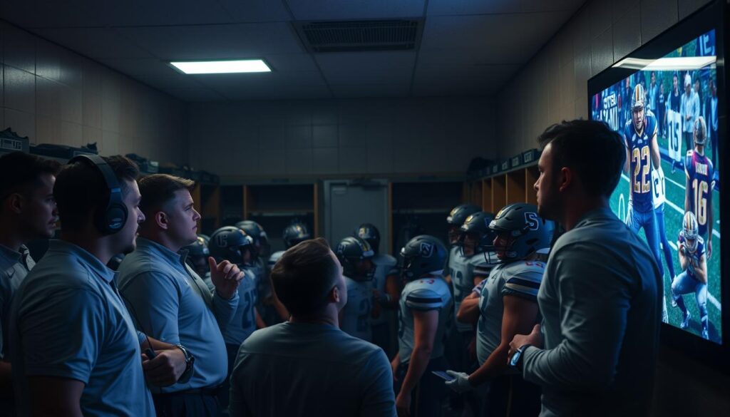 A dimly lit locker room with players gathered around a large screen, intensely studying game film. Coaches stand in the foreground, gesturing and pointing, their faces illuminated by the soft glow of the display. The players, dressed in their uniforms, lean forward, brows furrowed in concentration, absorbing every detail. The walls are lined with equipment and lockers, creating a sense of intensity and purpose. The lighting is warm and focused, creating a sense of collaboration and strategic planning. A high-angle shot captures the scene, emphasizing the sense of teamwork and commitment to game preparation.