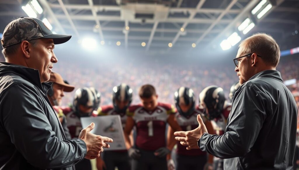 A dynamic and intense scene of a championship team's tactical mindset. In the foreground, the coach stands resolute, hands gesturing as they convey their vision and strategy to a determined squad. Their expressions are focused, eyes narrowed with intensity. In the middle ground, players huddle, poring over detailed diagrams and game plans, their bodies angled in coordination. The background is a blurred stadium, filled with the electric energy of the championship atmosphere - the roar of the crowd, flashing lights, and the sense of high-stakes competition. The lighting is dramatic, casting sharp shadows and highlights that emphasize the gravity of the moment. The overall mood is one of unwavering commitment, laser-sharp focus, and the collective will to emerge victorious. A dynamic and intense scene of a championship team's tactical mindset. In the foreground, the coach stands resolute, hands gesturing as they convey their vision and strategy to a determined squad. Their expressions are focused, eyes narrowed with intensity. In the middle ground, players huddle, poring over detailed diagrams and game plans, their bodies angled in coordination. The background is a blurred stadium, filled with the electric energy of the championship atmosphere - the roar of the crowd, flashing lights, and the sense of high-stakes competition. The lighting is dramatic, casting sharp shadows and highlights that emphasize the gravity of the moment. The overall mood is one of unwavering commitment, laser-sharp focus, and the collective will to emerge victorious.