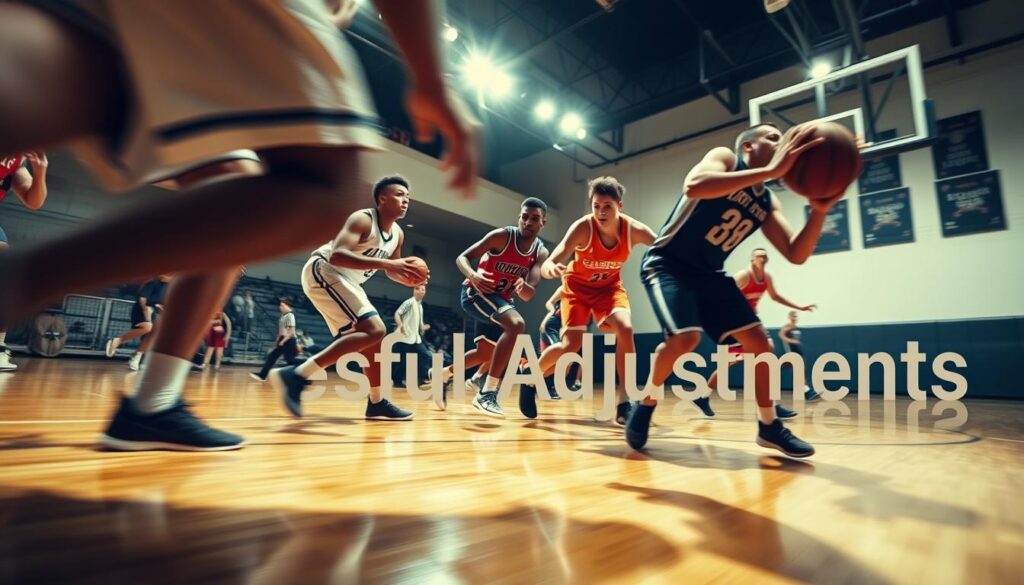 A dynamic basketball game, with players in mid-motion, showcasing the ebb and flow of momentum. The camera captures a tight, low angle, emphasizing the tension and urgency of the moment. Bright, dynamic lighting casts dramatic shadows, highlighting the players' movements and the intensity of the game. The background is softly blurred, drawing the focus to the central action. The scene conveys a sense of shifting strategies, as the players adapt and respond to the changing flow of the game, capturing the essence of "Successful Adjustments". A dynamic basketball game, with players in mid-motion, showcasing the ebb and flow of momentum. The camera captures a tight, low angle, emphasizing the tension and urgency of the moment. Bright, dynamic lighting casts dramatic shadows, highlighting the players' movements and the intensity of the game. The background is softly blurred, drawing the focus to the central action. The scene conveys a sense of shifting strategies, as the players adapt and respond to the changing flow of the game, capturing the essence of "Successful Adjustments".