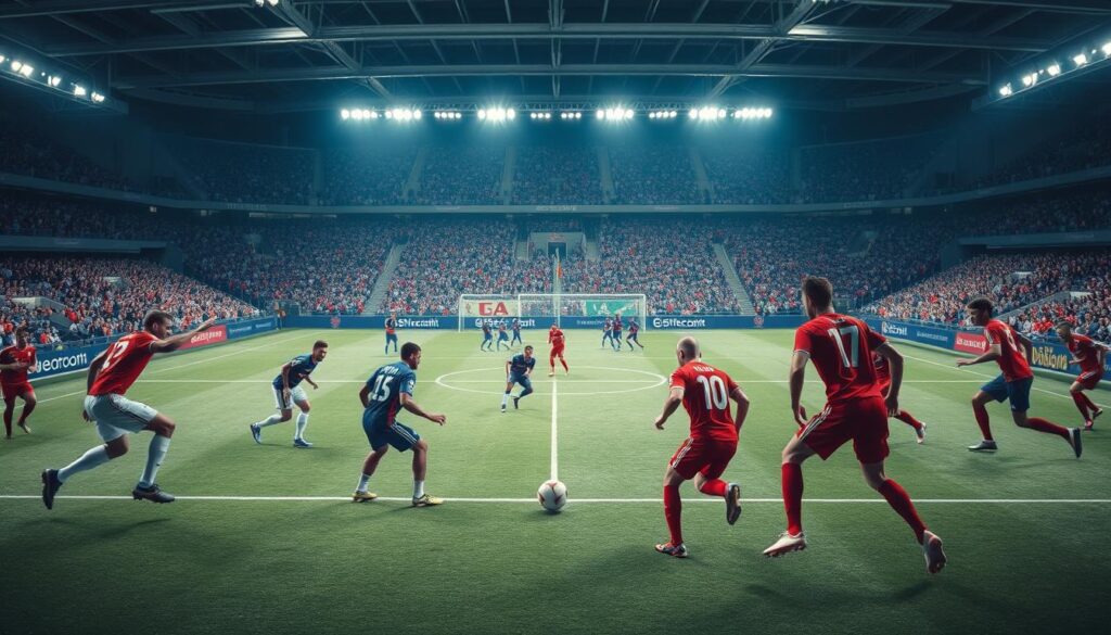A dynamic sports field with players showcasing their formation flexibility. In the foreground, two teams face off, their players seamlessly shifting positions and formations, adapting to each other's strategies. The middle ground captures the intensity of the match, players cutting through the field, ball in play. In the background, a stadium of cheering fans sets the scene, the bright lights and crisp cinematographic angles highlighting the game's energy and excitement. The overall mood is one of agility, teamwork, and the thrill of high-stakes competition. A dynamic sports field with players showcasing their formation flexibility. In the foreground, two teams face off, their players seamlessly shifting positions and formations, adapting to each other's strategies. The middle ground captures the intensity of the match, players cutting through the field, ball in play. In the background, a stadium of cheering fans sets the scene, the bright lights and crisp cinematographic angles highlighting the game's energy and excitement. The overall mood is one of agility, teamwork, and the thrill of high-stakes competition.