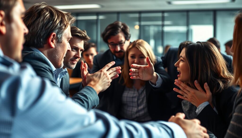 A group of people in a heated discussion, their bodies and gestures reflecting the momentum and intensity of the moment. The foreground captures the central figures leaning in, hands gesturing emphatically, expressions tense with concentration. The middle ground shows a blurred backdrop of an office setting, suggesting the professional context. Dramatic lighting casts dramatic shadows, heightening the sense of urgency. The overall atmosphere conveys the pressure and high stakes of the situation, where effective communication is crucial for swaying the outcome. A group of people in a heated discussion, their bodies and gestures reflecting the momentum and intensity of the moment. The foreground captures the central figures leaning in, hands gesturing emphatically, expressions tense with concentration. The middle ground shows a blurred backdrop of an office setting, suggesting the professional context. Dramatic lighting casts dramatic shadows, heightening the sense of urgency. The overall atmosphere conveys the pressure and high stakes of the situation, where effective communication is crucial for swaying the outcome.