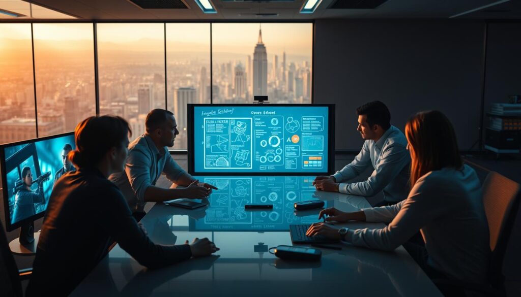 A group of video game analysts gathered around a sleek conference table, their faces illuminated by the soft glow of multiple high-resolution displays. The scene is bathed in a warm, inviting light, creating a collaborative atmosphere. In the foreground, they intently study gameplay footage, gesturing and exchanging insights. In the middle ground, a digital whiteboard displays complex visualizations and annotations, facilitating the sharing of analytical discoveries. The background features a panoramic view of a bustling city skyline, hinting at the broader context and importance of their work. The overall mood is one of focused, engaged learning, as the team delves into the nuances of video game design and player behavior. A group of video game analysts gathered around a sleek conference table, their faces illuminated by the soft glow of multiple high-resolution displays. The scene is bathed in a warm, inviting light, creating a collaborative atmosphere. In the foreground, they intently study gameplay footage, gesturing and exchanging insights. In the middle ground, a digital whiteboard displays complex visualizations and annotations, facilitating the sharing of analytical discoveries. The background features a panoramic view of a bustling city skyline, hinting at the broader context and importance of their work. The overall mood is one of focused, engaged learning, as the team delves into the nuances of video game design and player behavior.