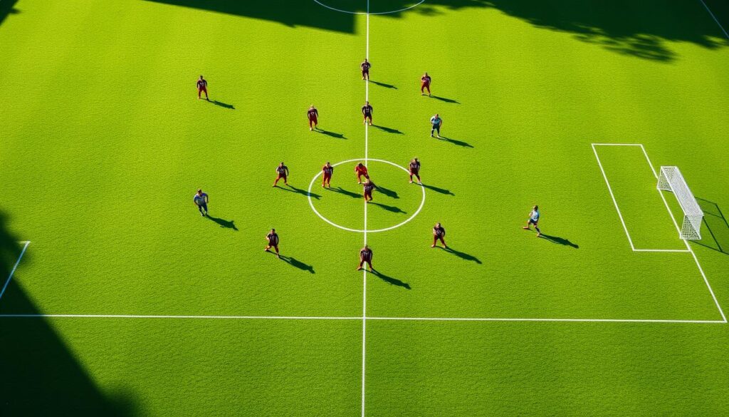 A meticulously organized soccer defensive formation on a lush green pitch, with players in their respective positions marked by clear zones. Crisp, natural lighting illuminates the scene, revealing the intricate positioning and communication between defenders, midfielders, and the goalkeeper. The camera angle is slightly elevated, offering a comprehensive view of the tactical setup, emphasizing the importance of collective responsibility and strategic discipline. Subtle details, such as the players' anticipation and readiness, convey the intensity of the moment, underscoring the significance of set-piece defensive organization in the game.