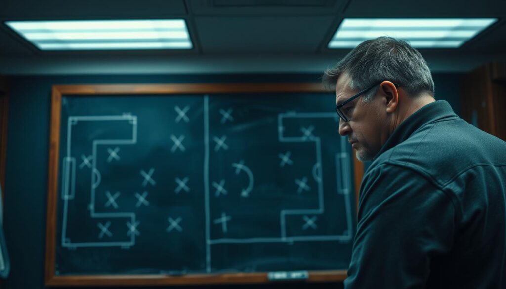 A tactical chalkboard in a dimly lit locker room, with X's and O's meticulously arranged to represent opposing football formations. A coach, hunched over the board, studies the patterns intently, anticipating the opponent's next move. The room is filled with an air of concentration, the only sound the faint hum of fluorescent lights overhead. The coach's face is illuminated by the soft glow of the chalkboard, revealing a determined expression as they strategize their team's countermeasures. A tactical chalkboard in a dimly lit locker room, with X's and O's meticulously arranged to represent opposing football formations. A coach, hunched over the board, studies the patterns intently, anticipating the opponent's next move. The room is filled with an air of concentration, the only sound the faint hum of fluorescent lights overhead. The coach's face is illuminated by the soft glow of the chalkboard, revealing a determined expression as they strategize their team's countermeasures.