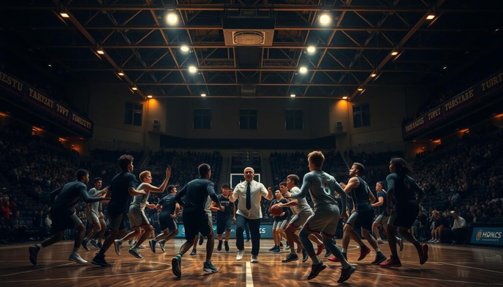 A vast indoor sports arena, dimly lit with warm, focused spotlights. In the foreground, a group of basketball players intensely running through drills, their movements sharp and purposeful, mirroring the high-stakes action of a tournament game. The middle ground features a coach gesturing emphatically, guiding the players through tactical scenarios. In the background, the shadowy silhouettes of spectators lend an air of anticipation and competition. The scene exudes a sense of focused determination, as the players hone their skills for the upcoming tournament.