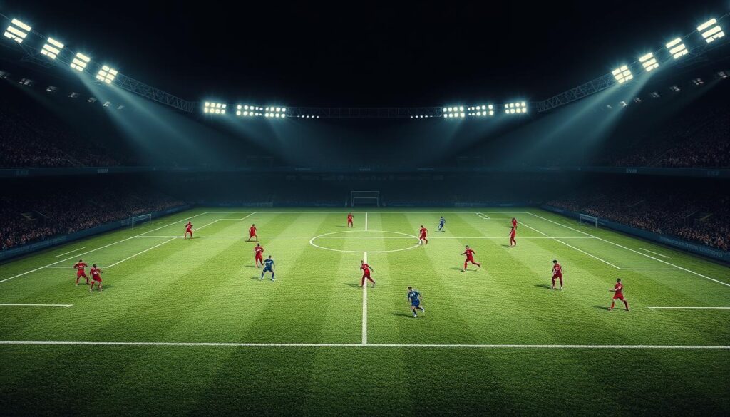 Dramatic tactical formations unfold on a meticulously detailed football pitch, illuminated by dramatic spotlight effects. In the foreground, abstract team formations and player positioning patterns dance across the field, captured in a bold, graphic style. The middle ground reveals a mosaic of historic team crests and insignia, hinting at the storied past of championship tactics. In the distant background, a shadowy silhouette of a packed stadium looms, evoking the roar of the crowd and the pressure of high-stakes competition. The overall composition conveys a sense of dynamism, strategy, and the enduring legacy of winning team philosophies. Dramatic tactical formations unfold on a meticulously detailed football pitch, illuminated by dramatic spotlight effects. In the foreground, abstract team formations and player positioning patterns dance across the field, captured in a bold, graphic style. The middle ground reveals a mosaic of historic team crests and insignia, hinting at the storied past of championship tactics. In the distant background, a shadowy silhouette of a packed stadium looms, evoking the roar of the crowd and the pressure of high-stakes competition. The overall composition conveys a sense of dynamism, strategy, and the enduring legacy of winning team philosophies.