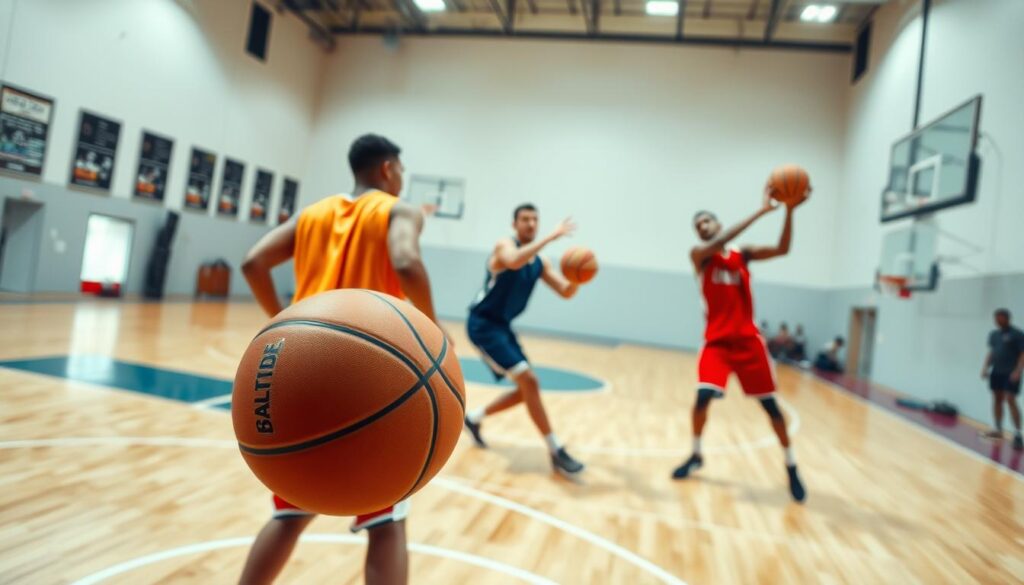High-angle shot of a basketball court with three players practicing drills. Bright, even lighting illuminates the scene, with a clean, professional-grade basketball in the foreground. The players, clad in colorful jerseys, demonstrate dribbling, passing, and shooting techniques, their movements crisp and focused. In the background, glimpses of training equipment and a few spectators can be seen, creating a sense of an active, dynamic training environment. The overall atmosphere conveys a sense of skill development, competitiveness, and the preparation required for tournament-level basketball.