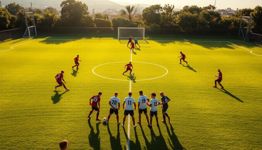 Optimized free kick routines, meticulously choreographed on a lush, verdant football pitch. Players positioned with laser-like precision, their movements a symphony of calculated steps and timed runs. Afternoon sunlight casts warm shadows, the ball glinting as it arcs through the air, guided by the skilled touch of a midfielder. In the foreground, the attacking team clusters, poised to pounce on the slightest opening. Defenders form a rigid wall, their focus unwavering. The atmosphere crackles with anticipation, a moment of tension before the decisive strike that could turn the tide of the match.