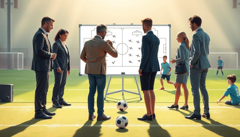 A comparative illustration visualizing "Coaching Basics Fundamentals versus Complex Plays." In the foreground, depict a diverse group of youth coaches in professional business attire, actively engaged in a training session, demonstrating fundamental skills like dribbling and passing a soccer ball. In the middle ground, show a whiteboard filled with complex tactical formations and strategies, backlit by soft natural lighting that creates a warm atmosphere. The background should feature a vibrant sports field, with young players practicing techniques in a dynamic scene. Focus on a balanced composition that conveys the importance of both fundamentals and advanced strategies, instilling a sense of teamwork, growth, and mentorship in youth sports. Use a slightly elevated perspective to capture the breadth of interaction.
