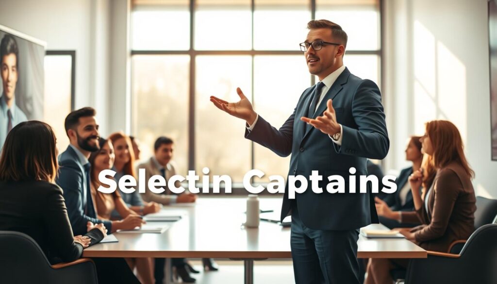 A determined leader stands at the forefront of a vibrant team meeting, exuding confidence and charisma. In the foreground, a professional person in smart business attire gestures passionately, engaging their audience. The middle ground showcases diverse group members, attentively listening and taking notes, symbolizing unity and collaboration. In the background, a large window reveals a bright, sunny day, representing optimism and new opportunities. Soft, natural lighting bathes the room in a warm glow, while the angle is slightly elevated, providing a dynamic perspective that emphasizes the leader's role. The overall mood is inspiring and focused, capturing the essence of selecting captains who will guide and influence others effectively.
