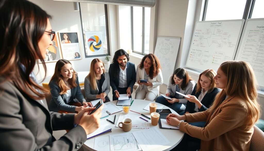 A diverse group of young professionals engaged in a collaborative discussion in a modern office environment. In the foreground, two individuals, one with dark hair and another with blonde hair, are animatedly exchanging ideas, both dressed in smart business attire. In the middle, a round table cluttered with notebooks, digital devices, and coffee cups reveals active brainstorming. Behind them, large windows allow natural light to flood the room, casting soft shadows. On the walls, inspiring artwork and a whiteboard filled with colorful mind maps reflect a creative atmosphere. The overall mood is vibrant, optimistic, and supportive, emphasizing the power of peer influence in building a positive and collaborative culture. The camera angle captures the scene from slightly above, inviting the viewer into the dynamic interaction.