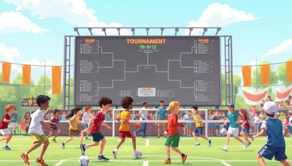 A dynamic and engaging illustration of a youth sports tournament structure, showcasing a diverse group of young athletes competing in various fields like soccer, basketball, and tennis. In the foreground, depict enthusiastic players in modest athletic gear, actively participating in matches. The middle ground should feature well-organized tournament brackets on a large digital screen displaying the round matchups, with coaches and officials discussing strategies. In the background, a vibrant outdoor setting with cheering spectators and banners creates an energetic atmosphere. The lighting is bright and cheerful, suggesting a sunny day, captured with a slight tilt-angle to enhance the excitement of the event. The overall mood conveys camaraderie, competition, and fairness in youth sports.