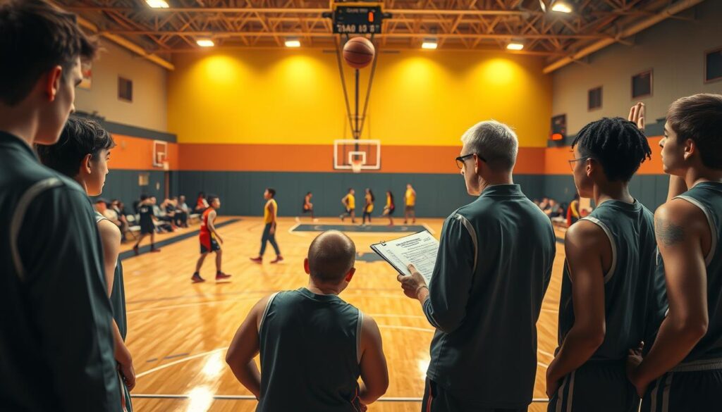 A dynamic basketball court scene illustrating tactical adjustments during a youth game. In the foreground, a group of youth basketball players in professional athletic wear huddle together, focused on a coach using a tactical clipboard, pointing to strategic plays. The middle ground features a colorful, well-lit basketball court with action happening in the background—players dribbling, a ball soaring towards the hoop, and a scoreboard showing a close game. The lighting is vibrant, mimicking the energy of the game, with warm overhead lights highlighting the players’ determination. The mood conveys focus, teamwork, and the importance of smart game management, emphasizing the creativity and adaptability of youth coaching strategies in a competitive environment. A dynamic basketball court scene illustrating tactical adjustments during a youth game. In the foreground, a group of youth basketball players in professional athletic wear huddle together, focused on a coach using a tactical clipboard, pointing to strategic plays. The middle ground features a colorful, well-lit basketball court with action happening in the background—players dribbling, a ball soaring towards the hoop, and a scoreboard showing a close game. The lighting is vibrant, mimicking the energy of the game, with warm overhead lights highlighting the players’ determination. The mood conveys focus, teamwork, and the importance of smart game management, emphasizing the creativity and adaptability of youth coaching strategies in a competitive environment.