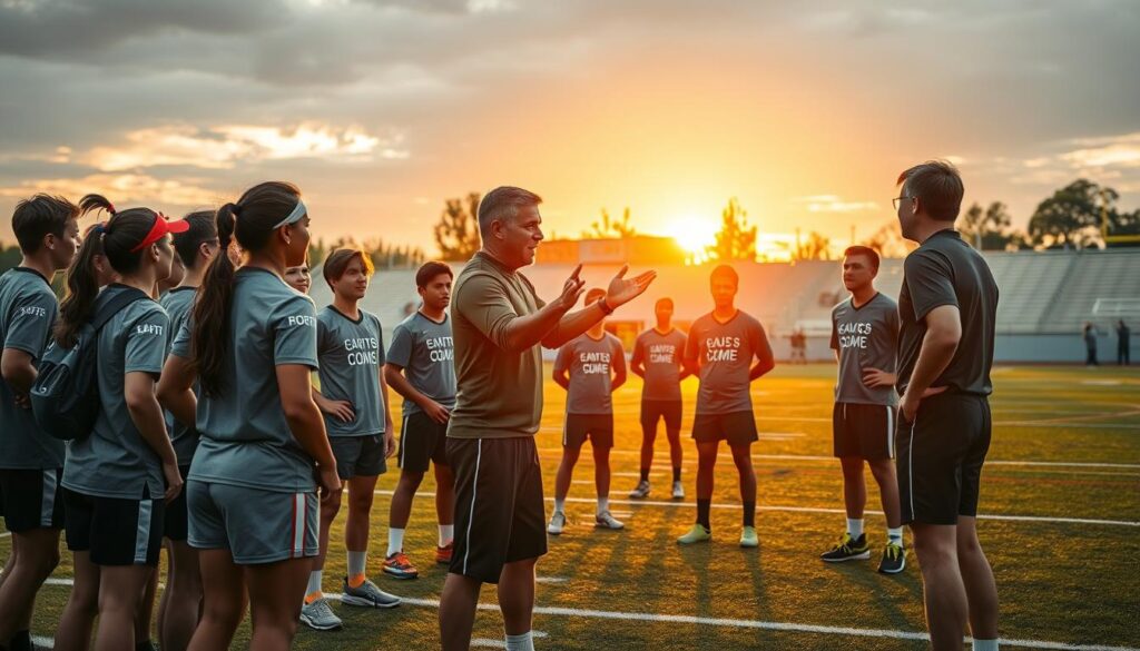 A dynamic pre-game team meeting scene on a sports field. In the foreground, a diverse group of young athletes, wearing modest sports gear, are gathered around a passionate coach who is gesturing enthusiastically, encouraging them with a motivational talk. The coach, a middle-aged figure in professional athletic attire, exudes confidence and energy. In the middle ground, a colorful backdrop shows a bright banner promoting teamwork and motivation, while other players listen attentively, some nodding in agreement. In the background, a vibrant sunset casts golden light across the field, creating an uplifting atmosphere. Use soft focus on the background to emphasize the interaction in the foreground, and apply a warm color palette to enhance feelings of inspiration and camaraderie.