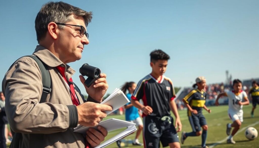 A dynamic scene depicting a youth sports scout observing key players during a game. In the foreground, a focused scout using binoculars and a notepad, dressed in a professional outfit, with a thoughtful expression. In the middle ground, youthful athletes of diverse backgrounds compete energetically on the field, showcasing their skills with the ball. The background features a small crowd of parents and coaches, emphasizing the tournament atmosphere, under a clear blue sky. Utilize natural lighting to illuminate the scene, with a shallow depth of field to reflect the scout’s concentration on the action. Capture a sense of anticipation and excitement, evoking the crucial moments of scouting talent in youth sports.