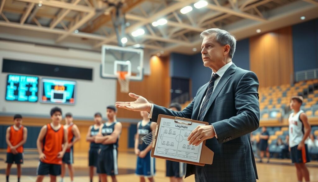 A professional basketball court during a youth game, focusing on a coach in a smart casual outfit, demonstrating a substitution strategy. In the foreground, the coach gestures towards the team, holding a clipboard with diagrams illustrating player rotations. In the middle, players are poised at the sidelines, ready to make their entry with focused expressions, showcasing excitement and teamwork. In the background, the basketball hoop and scoreboard set the scene, illuminated by bright stadium lights that create an energetic atmosphere. The angle captures both the coach's dynamic positioning and the player's engagement, emphasizing movement and strategic planning. The mood is lively and motivational, reflecting the excitement of youth sports and the importance of smart game management. A professional basketball court during a youth game, focusing on a coach in a smart casual outfit, demonstrating a substitution strategy. In the foreground, the coach gestures towards the team, holding a clipboard with diagrams illustrating player rotations. In the middle, players are poised at the sidelines, ready to make their entry with focused expressions, showcasing excitement and teamwork. In the background, the basketball hoop and scoreboard set the scene, illuminated by bright stadium lights that create an energetic atmosphere. The angle captures both the coach's dynamic positioning and the player's engagement, emphasizing movement and strategic planning. The mood is lively and motivational, reflecting the excitement of youth sports and the importance of smart game management.