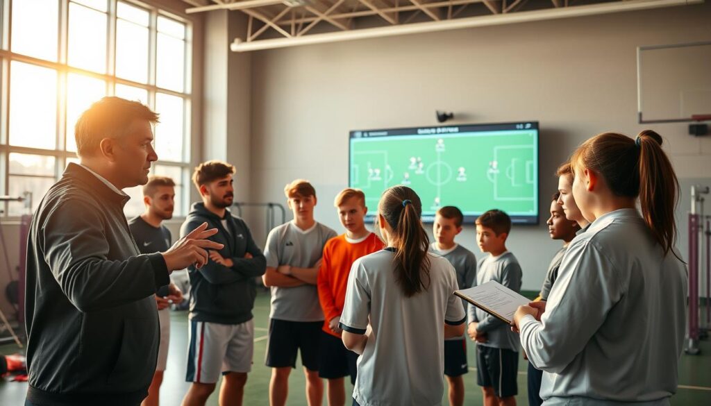 A tactical sports meeting in a well-lit indoor training facility, showing a group of diverse youth coaches and players gathered around a digital board displaying strategic plays. In the foreground, a focused coach in professional attire gestures towards the screen, pointing out key adjustments. The middle layer features intrigued young athletes, dressed in modest sports attire, taking notes and discussing amongst themselves. The background includes a large window that allows warm sunlight to illuminate the scene, with training equipment neatly arranged along the walls. The atmosphere is one of intense concentration and collaboration, highlighting the importance of adapting strategies in youth tournaments, captured from a slight angle to emphasize engagement and teamwork.