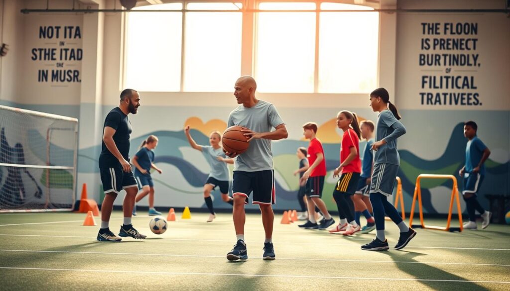 A vibrant and dynamic player development motivation ecosystem, showcasing a diverse group of youth athletes engaged in various training activities in a sports facility. In the foreground, a basketball coach in professional attire inspires a young player, who is practicing a dribble. The middle ground features a soccer team participating in a collaborative drill, highlighting teamwork and motivation. In the background, a mural depicting motivational quotes enhances the atmosphere, alongside training equipment like cones and hurdles. Soft, natural lighting streams in through large windows, creating an uplifting ambiance. The scene captures the spirit of growth, determination, and camaraderie, illustrating the importance of motivation in youth sports coaching. The overall mood is energetic and encouraging, set in a well-organized, inviting sports environment.