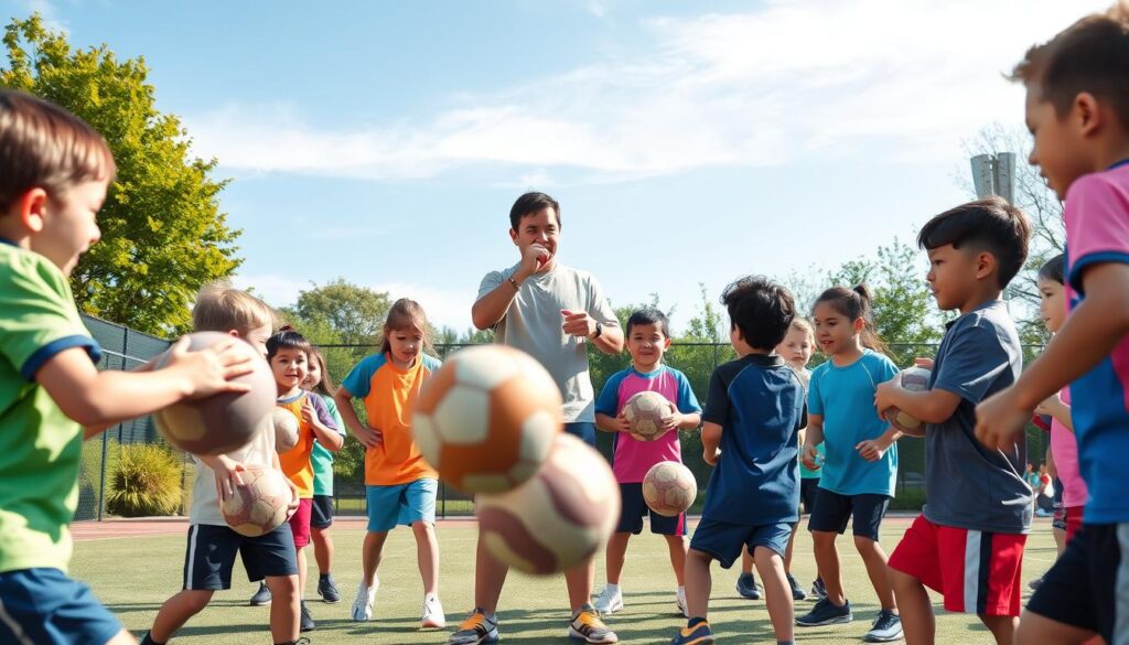 A vibrant youth sports practice scene showcasing young athletes engaged in various skill-building drills. In the foreground, a diverse group of children in colorful sports uniforms execute ball-handling exercises, their faces expressing determination and joy. In the middle ground, a coach enthusiastically demonstrates proper techniques with a whistle in hand, fostering an encouraging atmosphere. Surround the practice area with lush greenery and a bright blue sky, suggesting a sunny day ideal for outdoor activities. Use soft, natural lighting to highlight the dynamic movements and create a sense of energy and enthusiasm. Capture the image from a slightly elevated angle to provide a comprehensive view of the drills, embodying the perfect balance of skill and fun in youth training.