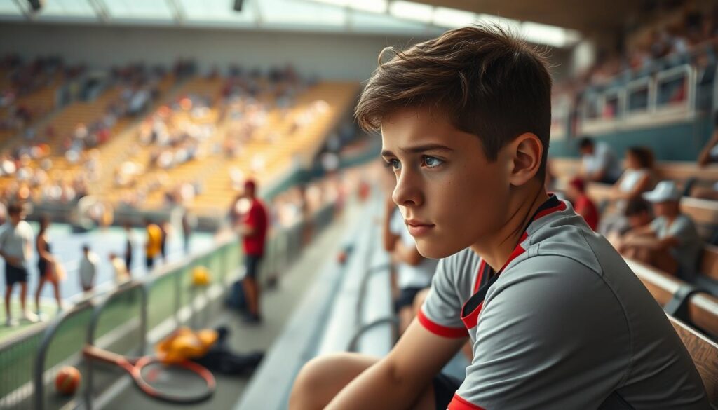 A young athlete, around 12 years old, sits on a bench, deep in thought, showcasing the internal struggle of managing tournament pressure. The foreground features the athlete in a fitted sports uniform, looking contemplative yet determined, with beads of sweat on their forehead. In the middle, sports gear like a tennis racket or basketball is scattered around, symbolizing the competitive environment. The background captures a vibrant sports arena bustling with other athletes and spectators, soft focus to emphasize the athlete’s introspection. Bright, natural lighting filters in, casting a warm glow that enhances the athlete's features, creating an atmosphere of focus and resilience. The perspective is slightly angled from above, allowing a view of both the athlete's expression and the surrounding tournament chaos.