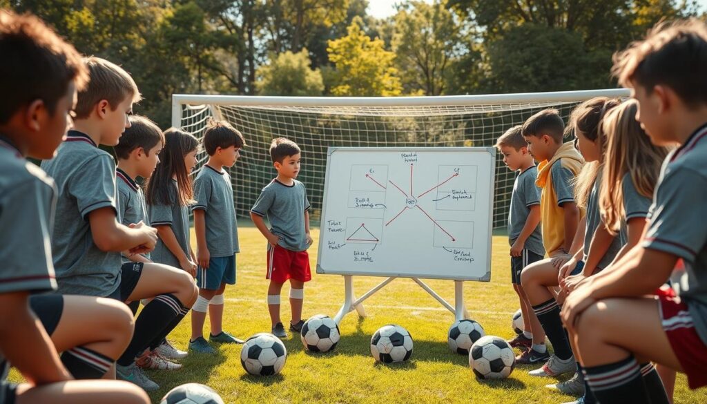 A youth soccer team engaged in strategy development, with a diverse group of boys and girls aged 10-12 huddled around a whiteboard. The foreground shows a close-up of their focused faces, wearing modest soccer uniforms and practicing strategic discussions. The middle features a whiteboard filled with diagrams showcasing formations and tactical notes, while several soccer balls are scattered around them. In the background, a brightly lit field with goalposts and green grass sets the scene. The atmosphere is energetic and collaborative, with warm sunlight filtering through the trees. The perspective is slightly elevated, giving a dynamic view of the interaction as they adapt their strategies to suit varying ages and skill levels. A youth soccer team engaged in strategy development, with a diverse group of boys and girls aged 10-12 huddled around a whiteboard. The foreground shows a close-up of their focused faces, wearing modest soccer uniforms and practicing strategic discussions. The middle features a whiteboard filled with diagrams showcasing formations and tactical notes, while several soccer balls are scattered around them. In the background, a brightly lit field with goalposts and green grass sets the scene. The atmosphere is energetic and collaborative, with warm sunlight filtering through the trees. The perspective is slightly elevated, giving a dynamic view of the interaction as they adapt their strategies to suit varying ages and skill levels.