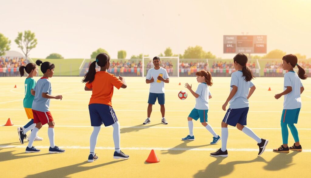 Illustrate a dynamic scene showcasing youth sports practice drills in progression. In the foreground, a diverse group of young athletes in colorful, modest athletic wear are engaged in a passing drill, showcasing focus and teamwork. The middle ground features a coach, positioned with a clipboard, providing guidance and encouragement. They stand in a sunny, open sports field, with cones and markers strategically placed to indicate various drill stages. The background reveals a distant view of a cheering crowd and a scoreboard, adding context to a competitive environment. Use warm, natural lighting to create an energetic, motivational atmosphere, captured in a slightly angled shot to emphasize movement and engagement.