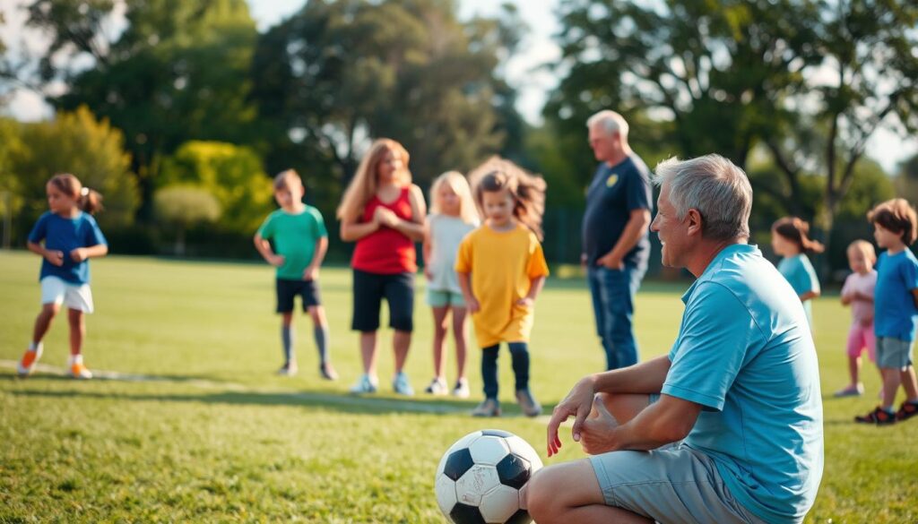 A calm, outdoor youth sports setting, where a diverse group of children, aged 10 to 14, play soccer on a well-maintained, green field. In the foreground, a coach, dressed in casual sports attire, kneels beside a young player, discussing a recent disagreement with a supportive, understanding expression. In the middle, a few attentive parents engage in a respectful dialogue, showcasing open communication and resolution, with an emphasis on positive interactions. The background features trees and a sunny sky, giving a vibrant, uplifting atmosphere. Use warm, natural lighting to enhance the joyful mood, captured with a slightly low angle to emphasize the connection between the coach, players, and parents, ensuring a sense of teamwork and harmony.