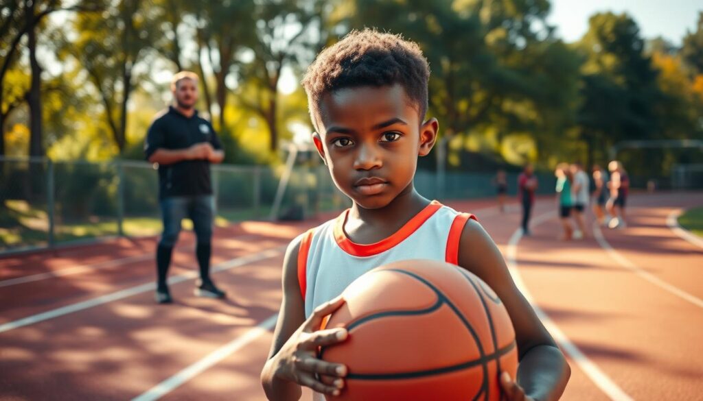 A determined young athlete, wearing a modest sports uniform, stands confidently at the edge of a running track, gripping a basketball with both hands. The foreground captures the intense focus on the athlete’s face, highlighting determination and resilience. In the middle ground, a coach offers encouraging words, exuding support and positivity, while other kids can be seen practicing in the background. The scene is bathed in warm afternoon sunlight, casting soft shadows and activating a hopeful atmosphere. The camera angle captures a low perspective, emphasizing the athlete's readiness and spirit. The overall mood is one of perseverance, growth, and the strength gained through overcoming challenges.
