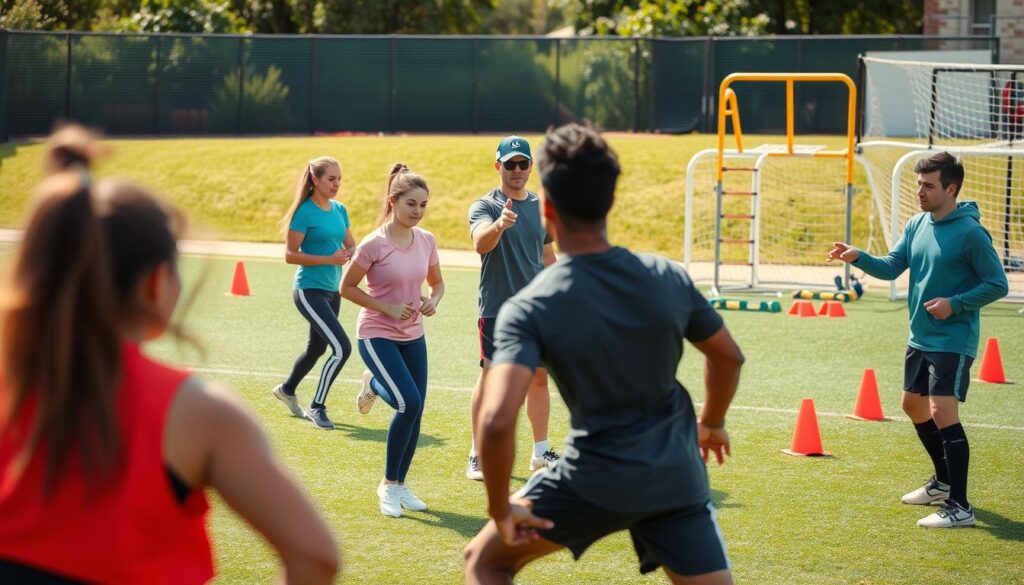 A dynamic sports training scene showcasing custom athletic development drills. In the foreground, a diverse group of athletes, including a young woman and a young man, are engaged in various drills designed for skill enhancement, depicted wearing professional athletic gear. In the middle ground, a knowledgeable coach demonstrates proper techniques and provides guidance, emphasizing individual growth. The background features a well-maintained outdoor sports facility, with training cones, agility ladders, and vibrant green grass. Use natural lighting to create an energetic and motivating atmosphere, capturing the essence of athletic improvement. The image should convey focus, teamwork, and determination, with a slightly blurred depth of field to highlight the athletes in action while maintaining a professional, inspiring tone.