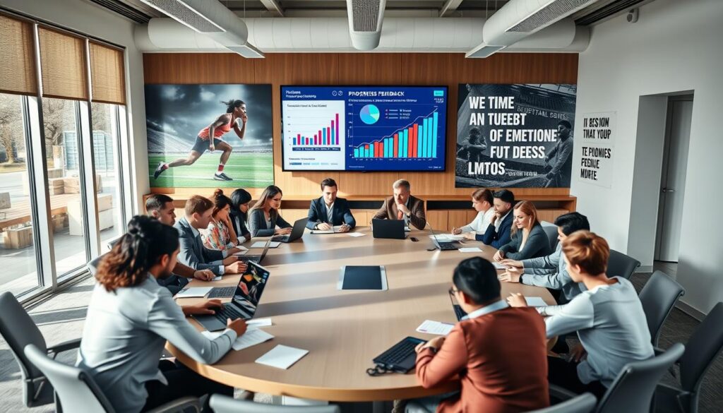 A modern conference room with a large oval table at the center, surrounded by diverse professionals in business attire engaged in a strategic progress tracking feedback meeting. The foreground features a diverse group of individuals, focused on laptops and notepads, exchanging ideas seriously yet enthusiastically. The middle ground includes a large digital screen displaying colorful graphs and data points, illustrating progress metrics. The background showcases a wall of inspirational athletic images and motivational quotes. Natural light streams through floor-to-ceiling windows, creating an inviting and collaborative atmosphere. The camera angle is slightly elevated, capturing both the participants and the dynamic content of the meeting. The mood is professional yet positive, emphasizing teamwork and growth.