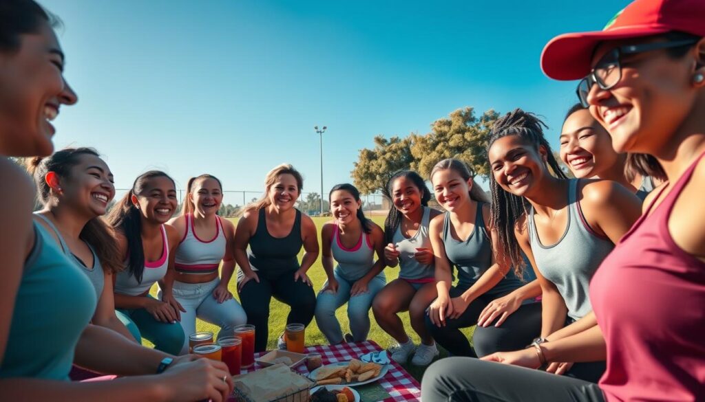 A vibrant and dynamic scene depicting a diverse group of athletes gathered for team bonding activities after practice on a sunny day. In the foreground, a multicultural team in modest athletic wear engages in a fun icebreaker game, such as a laughter-filled circle where they share stories. In the middle ground, a picnic setup with drinks and snacks suggests a casual and friendly atmosphere, emphasizing camaraderie. The background features a sports field under a clear blue sky, with a few trees providing natural shade. The lighting is bright and cheerful, creating a warm, inviting mood. The composition captures the essence of teamwork and connection, showcasing smiles and animated expressions. The image should be framed with a slight tilt to evoke spontaneity and energy. A vibrant and dynamic scene depicting a diverse group of athletes gathered for team bonding activities after practice on a sunny day. In the foreground, a multicultural team in modest athletic wear engages in a fun icebreaker game, such as a laughter-filled circle where they share stories. In the middle ground, a picnic setup with drinks and snacks suggests a casual and friendly atmosphere, emphasizing camaraderie. The background features a sports field under a clear blue sky, with a few trees providing natural shade. The lighting is bright and cheerful, creating a warm, inviting mood. The composition captures the essence of teamwork and connection, showcasing smiles and animated expressions. The image should be framed with a slight tilt to evoke spontaneity and energy.