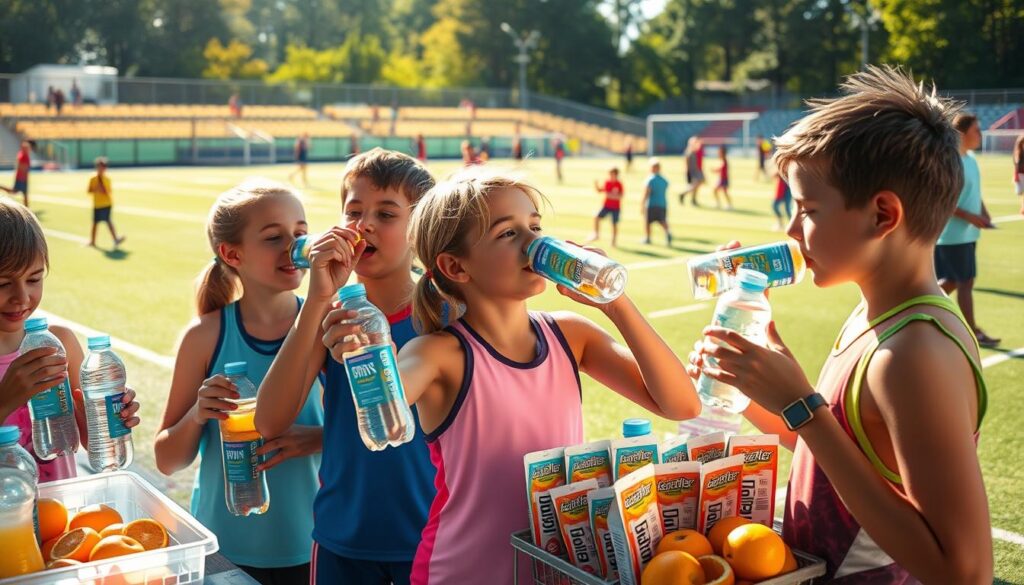 A vibrant and dynamic scene focused on youth athletes hydrating during a sports tournament. In the foreground, a group of young athletes, dressed in colorful sports gear, enthusiastically drink from clear water bottles branded with electrolyte supplements. The middle ground features a hydration station, stocked with brightly colored electrolyte drink packets and fruits like oranges and bananas. In the background, a sunlit sports field is buzzing with excitement, with young players practicing drills and coaches offering encouragement. The lighting is warm and inviting, casting soft shadows that enhance the energy of the scene. The atmosphere is lively and supportive, embodying teamwork and the importance of hydration for young champions.