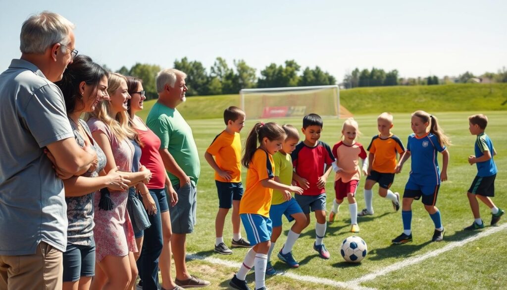 A vibrant scene of a youth soccer game taking place on a sunny afternoon, showcasing a diverse group of excited parents on the sidelines. In the foreground, several parents are engaged in supportive sideline communication, wearing casual but modest clothing, with distinct expressions of encouragement and focus. In the middle ground, young players in colorful jerseys dribble the ball and interact with each other on the field, demonstrating teamwork and enthusiasm. The background features a well-maintained soccer field with goalposts and a clear blue sky. The lighting is bright and cheerful, evoking a sense of community and positive energy. Capture this moment from a slightly elevated angle to enhance the dynamics of interaction between the players and their supportive parents.