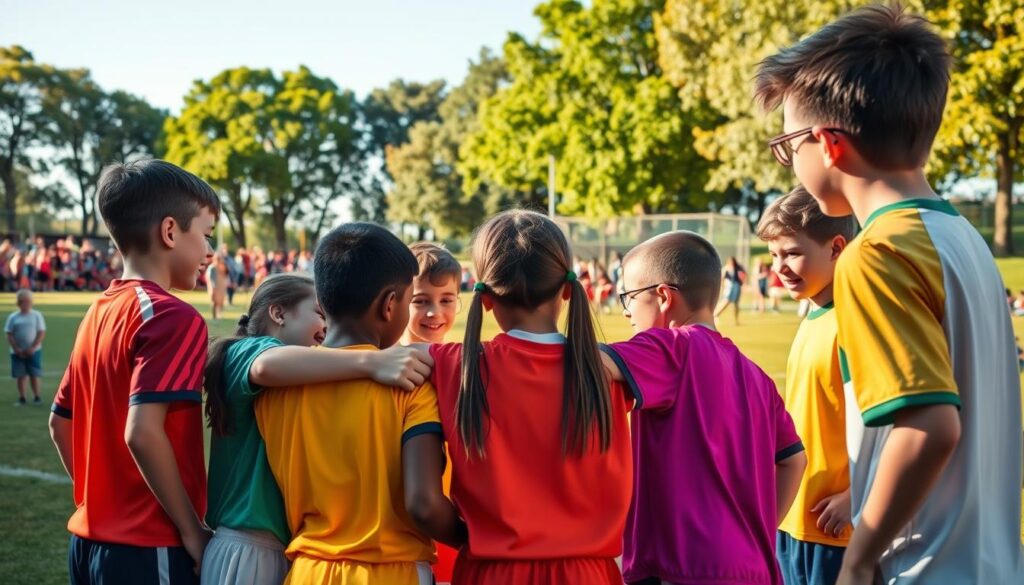 A vibrant youth sports scene illustrating two balanced teams of young athletes, focused on cooperation and unity. In the foreground, a diverse group of five players in colorful jerseys engages in a strategic huddle, showcasing determination and teamwork. The middle ground reveals a lively sports field with a cheering audience of families and friends, indicating a supportive community atmosphere. In the background, lush green trees and a clear blue sky provide an uplifting backdrop. The lighting is warm and inviting, mimicking late afternoon sun, enhancing the joyous mood. The angle captures the huddle from a slightly elevated perspective, emphasizing the interconnectedness of the players, embodying the theme of spreading the spotlight in sports.