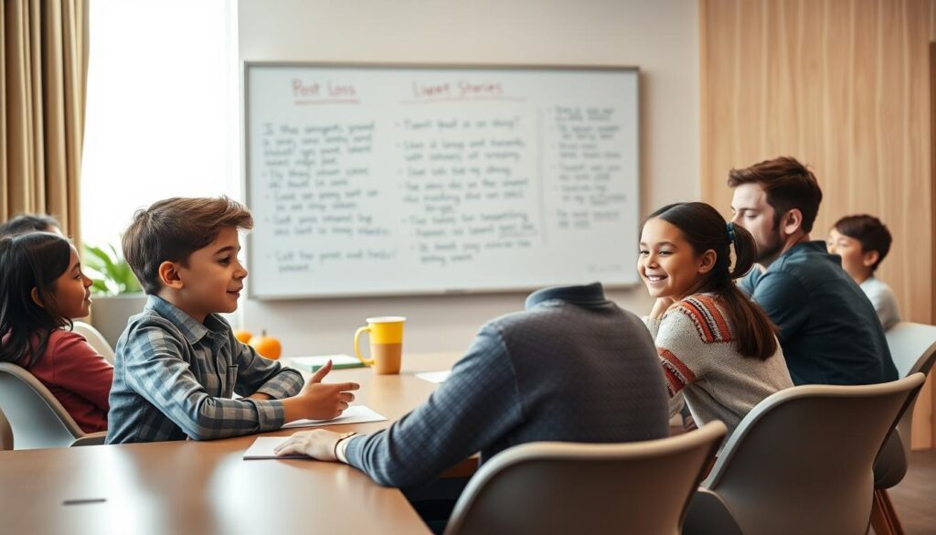 A warm and inviting conference room setting, with a diverse group of children aged 10-14 seated around a neatly arranged table. They are engaged in a post-loss meeting, expressing understanding and support for one another. In the foreground, a young boy in a smart casual shirt is sharing his thoughts, while a girl in a colorful sweater listens attentively, offering a reassuring smile. The middle ground features a large whiteboard filled with uplifting notes and strategies for resilience. The background showcases a window with soft natural light pouring in, illuminating the scene and creating a positive atmosphere. The mood is one of camaraderie and encouragement, captured with a soft focus lens, emphasizing the emotions of growth and support. The angle should be slightly elevated to include all participants, highlighting their expressions of determination and hope.
