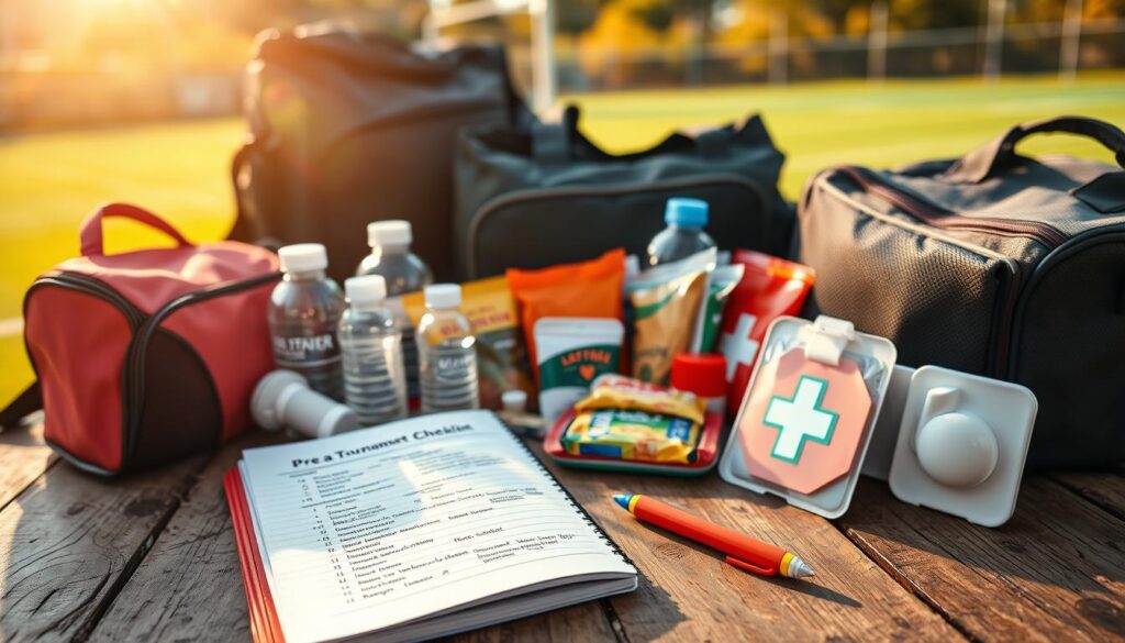 A well-organized pre-tournament checklist displayed on a rustic wooden table, surrounded by neatly packed sports bags and equipment. The foreground features an open notebook with hand-written notes and checklists, a colorful pen resting beside it. In the middle, various essential items like water bottles, healthy snacks, and a first aid kit are artistically arranged, showcasing their importance in preparation. The background includes a soft-focus view of a sports field bathed in warm afternoon sunlight, creating a vibrant and inspiring atmosphere. The image captures a sense of readiness and excitement for the upcoming tournament, emphasizing the importance of preparation for youth teams. The lighting is natural and bright, evoking a cheerful mood conducive to teamwork and success. A well-organized pre-tournament checklist displayed on a rustic wooden table, surrounded by neatly packed sports bags and equipment. The foreground features an open notebook with hand-written notes and checklists, a colorful pen resting beside it. In the middle, various essential items like water bottles, healthy snacks, and a first aid kit are artistically arranged, showcasing their importance in preparation. The background includes a soft-focus view of a sports field bathed in warm afternoon sunlight, creating a vibrant and inspiring atmosphere. The image captures a sense of readiness and excitement for the upcoming tournament, emphasizing the importance of preparation for youth teams. The lighting is natural and bright, evoking a cheerful mood conducive to teamwork and success.