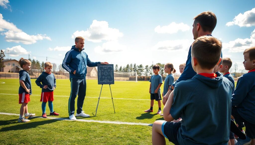 A youth soccer coach, dressed in a professional tracksuit, is demonstrating tactical plays to a group of eager young players on a well-maintained soccer field. The foreground shows the coach animatedly pointing to a chalkboard with a simple formation sketch while the attentive youth, wearing modest athletic gear, gather around, listening intently. In the middle ground, the green grass of the field contrasts with the bright blue sky dotted with fluffy clouds, evoking a sense of inspiration and teamwork. In the background, faint outlines of goalposts and trees give context to the environment. The scene is illuminated by natural sunlight, casting soft shadows that enhance the mood of learning and development. The composition captures an age-appropriate approach to teaching tactical skills in a supportive atmosphere. A youth soccer coach, dressed in a professional tracksuit, is demonstrating tactical plays to a group of eager young players on a well-maintained soccer field. The foreground shows the coach animatedly pointing to a chalkboard with a simple formation sketch while the attentive youth, wearing modest athletic gear, gather around, listening intently. In the middle ground, the green grass of the field contrasts with the bright blue sky dotted with fluffy clouds, evoking a sense of inspiration and teamwork. In the background, faint outlines of goalposts and trees give context to the environment. The scene is illuminated by natural sunlight, casting soft shadows that enhance the mood of learning and development. The composition captures an age-appropriate approach to teaching tactical skills in a supportive atmosphere.