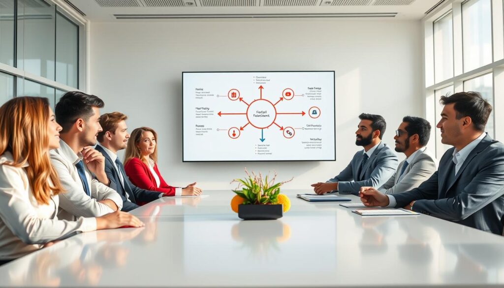 A creative and dynamic representation of "feedback loops," illustrating players engaged in reflective discussions after a tournament. In the foreground, a diverse group of athletes, dressed in professional business attire, is seated around a modern conference table, animatedly sharing ideas and observations. The middle layer features a digital screen showcasing a visual diagram of feedback loops, with arrows and icons connecting players' thoughts. The background shows a bright, minimalistic meeting room with large windows allowing natural light to flood in, creating an uplifting atmosphere. Use a wide-angle lens to capture the collaborative spirit of the scene, emphasizing both the interaction and the diagrams. The overall mood is constructive and intellectually stimulating, promoting growth through shared insights.