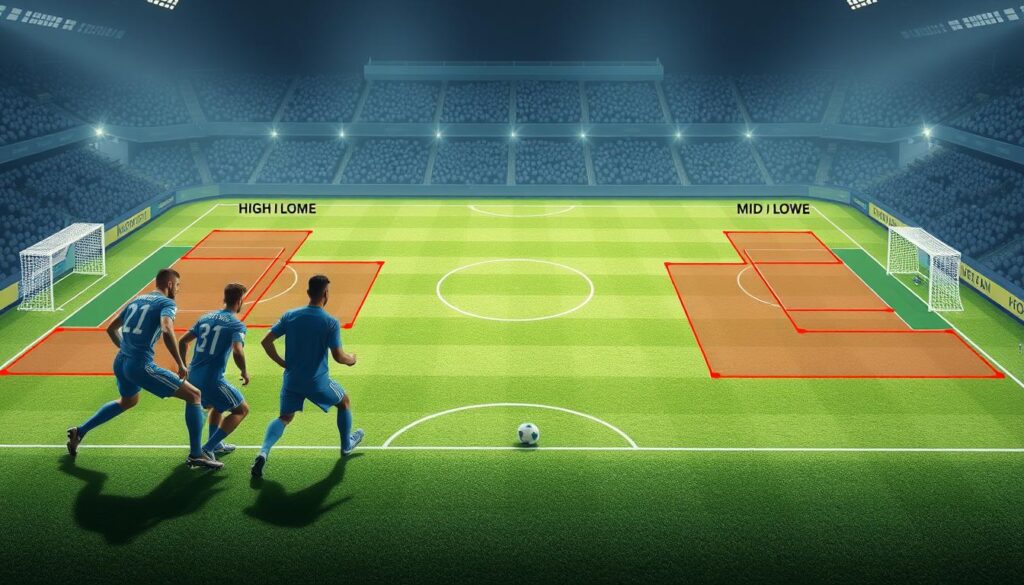 A detailed illustration of a soccer field featuring clearly defined trap zones for high, mid, and low defensive blocks. In the foreground, dynamic shapes represent players in professional sports attire, strategically positioned to press opponents. The middle ground showcases varied trap zone designs, each marked with distinct colors and patterns for high, mid, and low areas. The background includes a stadium setting with subtle crowd silhouettes, illuminated by soft, ambient stadium lights creating an intense atmosphere. Use a slightly elevated angle to capture the entire scene, emphasizing the tactical layouts. The image should evoke a sense of strategy and anticipation, inviting viewers to explore the intricacies of defensive formations on the field. A detailed illustration of a soccer field featuring clearly defined trap zones for high, mid, and low defensive blocks. In the foreground, dynamic shapes represent players in professional sports attire, strategically positioned to press opponents. The middle ground showcases varied trap zone designs, each marked with distinct colors and patterns for high, mid, and low areas. The background includes a stadium setting with subtle crowd silhouettes, illuminated by soft, ambient stadium lights creating an intense atmosphere. Use a slightly elevated angle to capture the entire scene, emphasizing the tactical layouts. The image should evoke a sense of strategy and anticipation, inviting viewers to explore the intricacies of defensive formations on the field.
