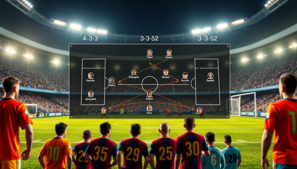 A detailed roles board for a soccer team’s defensive formation during a match, showcasing the transition from a 4-3-3 to a 3-5-2 setup. In the foreground, illustrated player icons represent various positions on the field, dressed in vibrant sports jerseys. The middle ground features a tactical board with arrows and lines indicating player movements and formations. The background displays a dynamic soccer field scene under bright stadium lights, capturing the energy of a live game. The overall atmosphere is strategic and focused, reflecting teamwork and coordination, while a slight depth of field blurs the distant fans, emphasizing the roles board as the main subject.