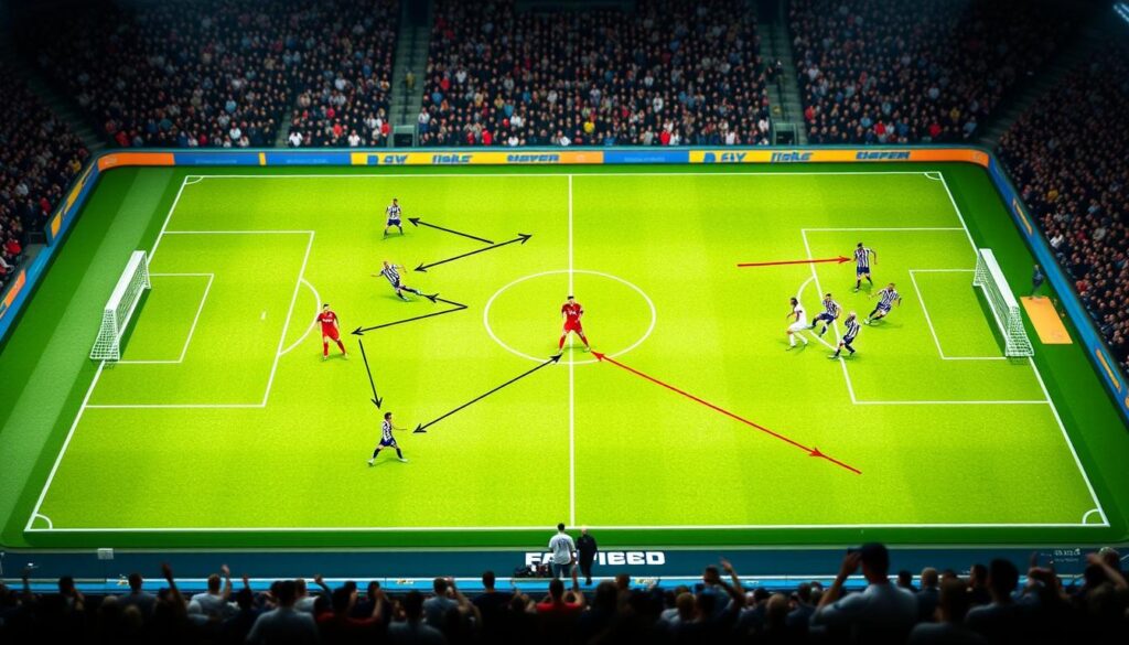 A detailed soccer tactics diagram illustrating overload tactics, focusing on a 3v2 formation in a wide area and box flood strategy. The foreground features a vibrant green pitch segmented into zones, highlighting player positions with arrows and lines in contrasting colors, indicating movement and passing options. The middle layer showcases two groups of players: three attacking players in distinct jerseys on one side and two defending players in another, all depicted in action poses. The background consists of a blurred stadium filled with cheering fans, creating an energetic atmosphere. The lighting is bright and focused on the field, emphasizing clarity in the tactical details. The overall mood conveys strategic intensity and teamwork, perfect for analyzing soccer dynamics in a competitive setting. No text elements or logos present.