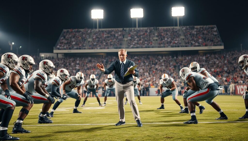 A dynamic football defensive formation on an outdoor field during a game, with players wearing professional sports uniforms, focused on controlling the match's pace. In the foreground, a group of defenders stands in a strategic line, showcasing their intense expressions and athletic stances. The middle ground features a tactical coach gesturing passionately, holding a clipboard filled with notes, emphasizing strategic decision-making. The background presents an engaging stadium filled with enthusiastic fans, under bright floodlights creating dramatic shadows. The image is captured from a slightly elevated angle to provide depth, highlighting the intensity and seriousness of the moment, with a moody atmosphere reflecting the critical nature of defensive organization in controlling game tempo. A dynamic football defensive formation on an outdoor field during a game, with players wearing professional sports uniforms, focused on controlling the match's pace. In the foreground, a group of defenders stands in a strategic line, showcasing their intense expressions and athletic stances. The middle ground features a tactical coach gesturing passionately, holding a clipboard filled with notes, emphasizing strategic decision-making. The background presents an engaging stadium filled with enthusiastic fans, under bright floodlights creating dramatic shadows. The image is captured from a slightly elevated angle to provide depth, highlighting the intensity and seriousness of the moment, with a moody atmosphere reflecting the critical nature of defensive organization in controlling game tempo.