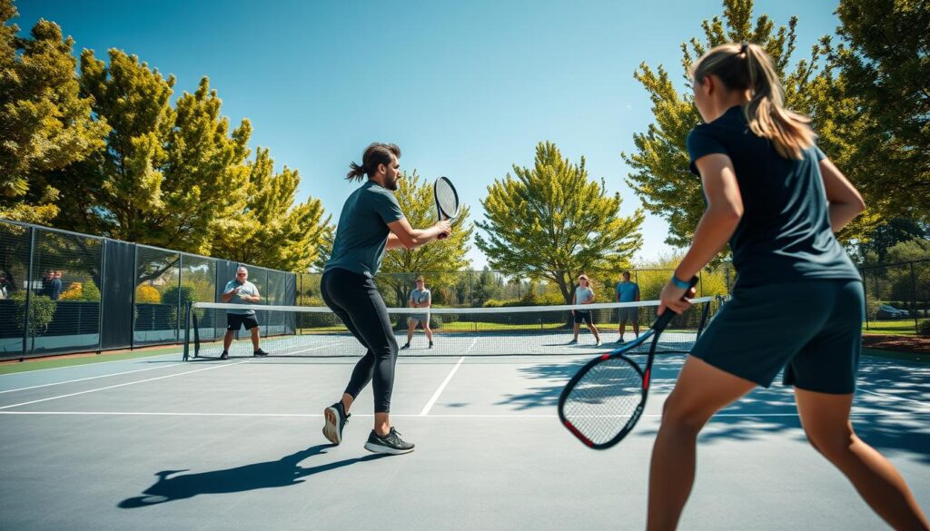A dynamic scene of a padel training session focused on tempo drills, with players engaged in an intense match on a sleek, modern padel court. In the foreground, two athletes in modest athletic wear, a male and a female, are poised for a rally, showcasing their focus and agility. The middle ground features additional players practicing varying speeds, with coaches offering guidance. The background reveals vibrant green trees and bright blue skies, creating an open, energetic atmosphere. Soft sunlight filters down, casting gentle shadows and highlighting the players' movements. Use a wide-angle lens to capture the full action of the training drill, emphasizing the sense of teamwork and intensity in the game. The overall mood is energetic and motivational, reflecting the spirit of mastering match tempo. A dynamic scene of a padel training session focused on tempo drills, with players engaged in an intense match on a sleek, modern padel court. In the foreground, two athletes in modest athletic wear, a male and a female, are poised for a rally, showcasing their focus and agility. The middle ground features additional players practicing varying speeds, with coaches offering guidance. The background reveals vibrant green trees and bright blue skies, creating an open, energetic atmosphere. Soft sunlight filters down, casting gentle shadows and highlighting the players' movements. Use a wide-angle lens to capture the full action of the training drill, emphasizing the sense of teamwork and intensity in the game. The overall mood is energetic and motivational, reflecting the spirit of mastering match tempo.
